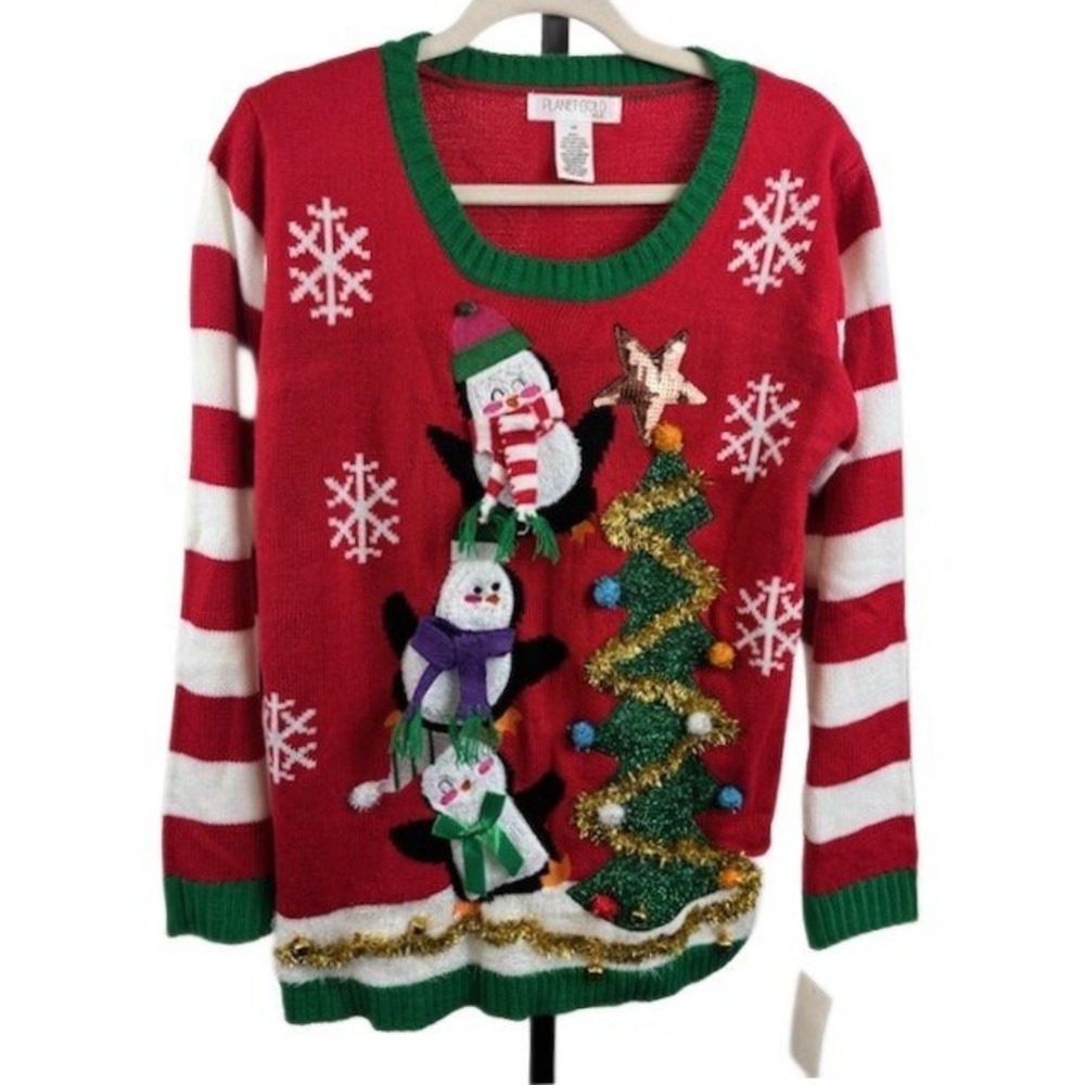 New Planet Gold Women's Plus Size 1X Red Penguin Holiday Ugly‎ Christmas Sweater